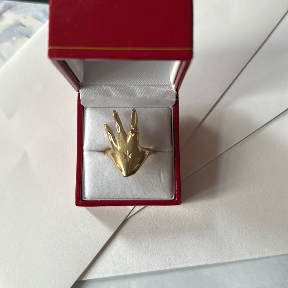 Unique 10k Gold Hand Ring with ruby